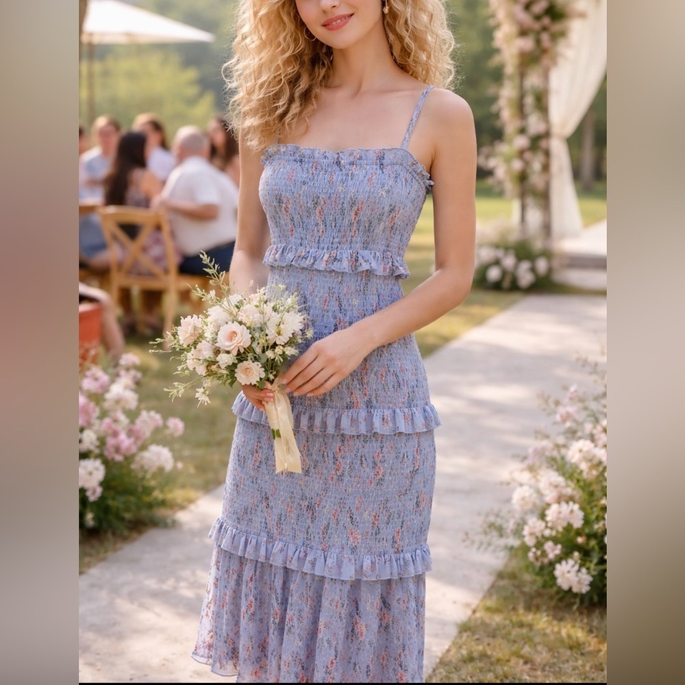 Mable Women’s Blue Floral Smocked Ruffle Tier Midi Dress Size Large Summer